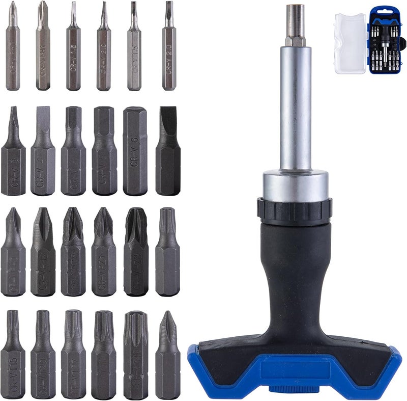 MDBTTOOLS 25pc T-Handle Screwdriver Set - Multi Bit Screwdriver Kit (Phillips, Pozi, Slotted, Hex, Torx) & 6pc Precision Bits + 2-in-1 T-Type (Black -25 pieces) - Image 1